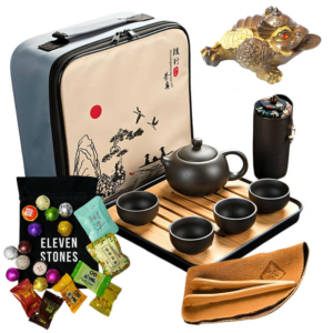 Дорожній набір для церемонії чаю Eleven Stones з чаєм пуер 20 шт і чайною фігуркою Жаба змінює колір