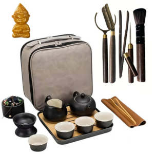Набір для чайної церемонії «Ісін» з інструментами та чайною фігуркою Бог багатства, сіра сумка