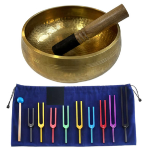 Співаюча чаша з Непалу «Зцілення» 20 см і набір камертонів «Tuning Fork Colored» 9 шт.