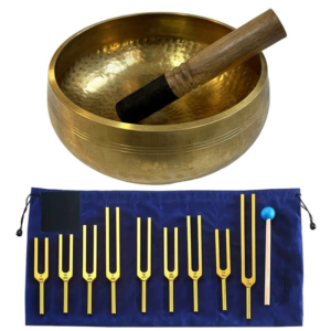 Співаюча чаша з Непалу «Зцілення» 20 см і набір камертонів «Tuning Fork Gold» 9 шт.