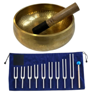 Співаюча чаша з Непалу «Зцілення» 20 см і набір камертонів «Tuning Fork Silver» 9 шт.