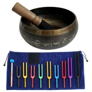 Співаюча чаша з Непалу «Віпассана» 17,5 см і набір камертонів «Tuning Fork Colored» 9 шт.