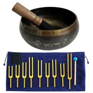 Співаюча чаша з Непалу «Віпассана» 17,5 см і набір камертонів «Tuning Fork Gold» 9 шт.