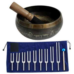 Співаюча чаша з Непалу «Віпассана» 17,5 см і набір камертонів «Tuning Fork Silver» 9 шт.