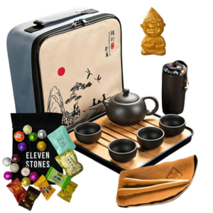 Дорожній набір для чайної церемонії Eleven Stones з чаєм пуер 20 шт і чайною фігуркою Бога багатства