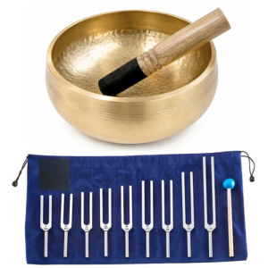 Поющая чаша из Непала «Исцеление» 20 см и набор камертонов «Tuning Fork Silver» 9 шт.