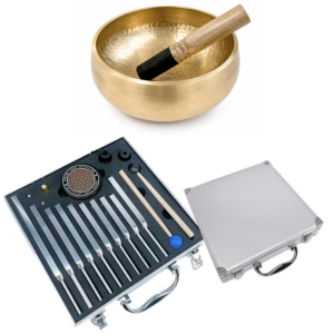 Поющая чаша «Исцеление» 20 см и набор камертонов в чемодане «Tuning Fork Silver» 9 шт.